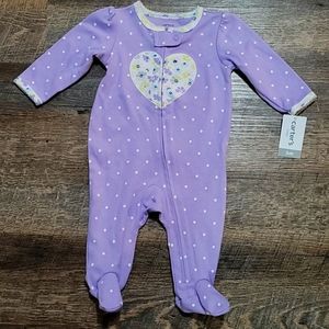 Carter's purple onesie with feet size 3 months purple with white polkadots NWT